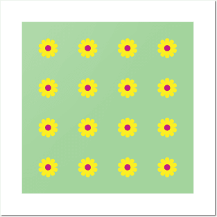 Yellow daisies with Cerise centres on a Spearmint Green background Posters and Art